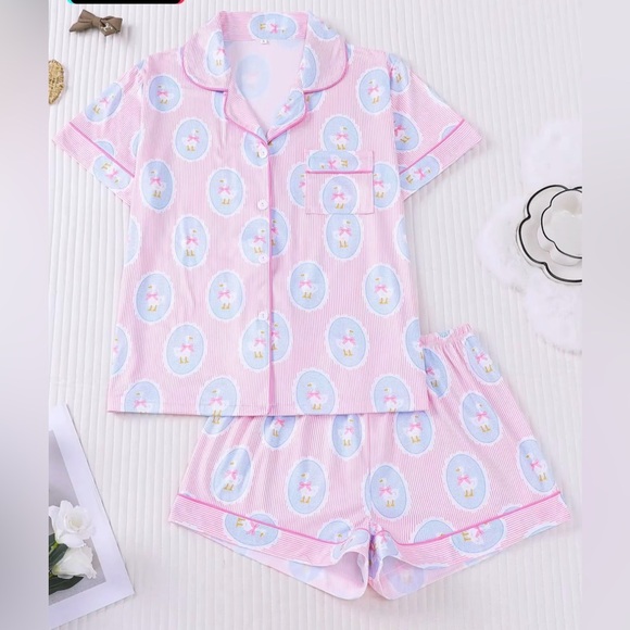 Other - Pink Short Sleeve Swan Bowknot Oval Vintage Print Lounge Pajama Set New